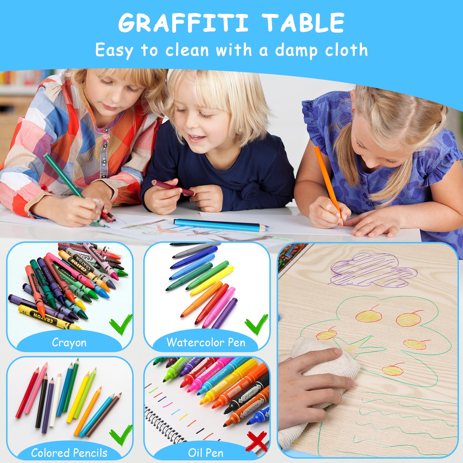 TLSUNNY Kids Table and 4 Chairs, Adjustable Height Childrens Activity Set with Graffiti Desktop & Anti-Slip Legs,  for Daycare Classroom Home