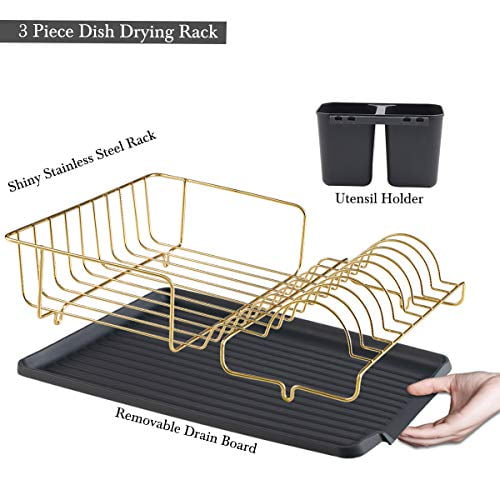 Buruis Dish Drying Rack, Gold Dish Drainer with Anti-Slip Rubber Feet  Organizer Includes Removable Drain Board and Utensil Holder, Large Capacity