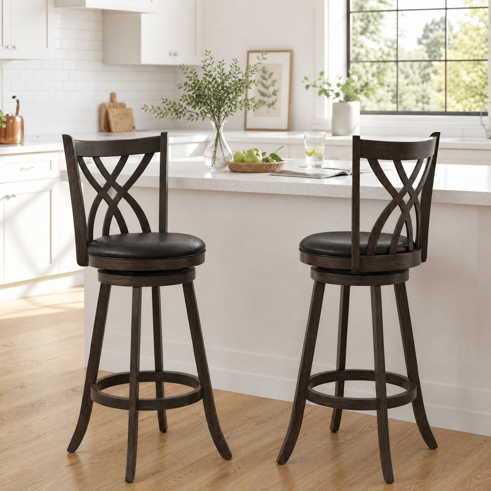 Furnibear Set of 2 Swivel Counter Height Bar Stools with Rubber Wood Frame and Backrest