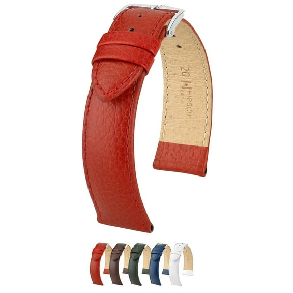HIRSCH Kansas Buffalo Grain Leather Watch Strap - Red Band / Silver Buckle - L - 16mm