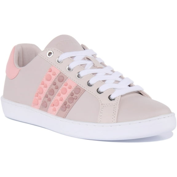 Guess Jacobb Women's Lace Up Leather Stud Trainers In Nude Size 5.5