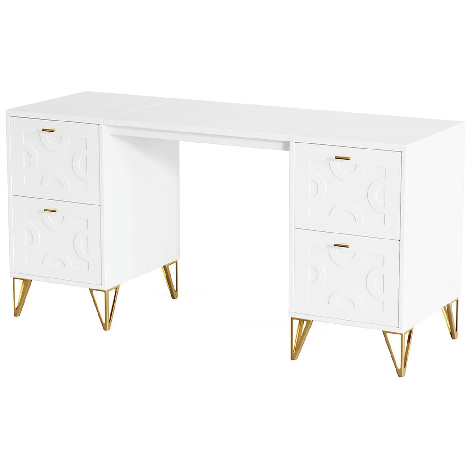 Demi Bonn 59" Executive Computer Desk with File Cabinet, Modern Study Writing Gaming Table for Home Office, White