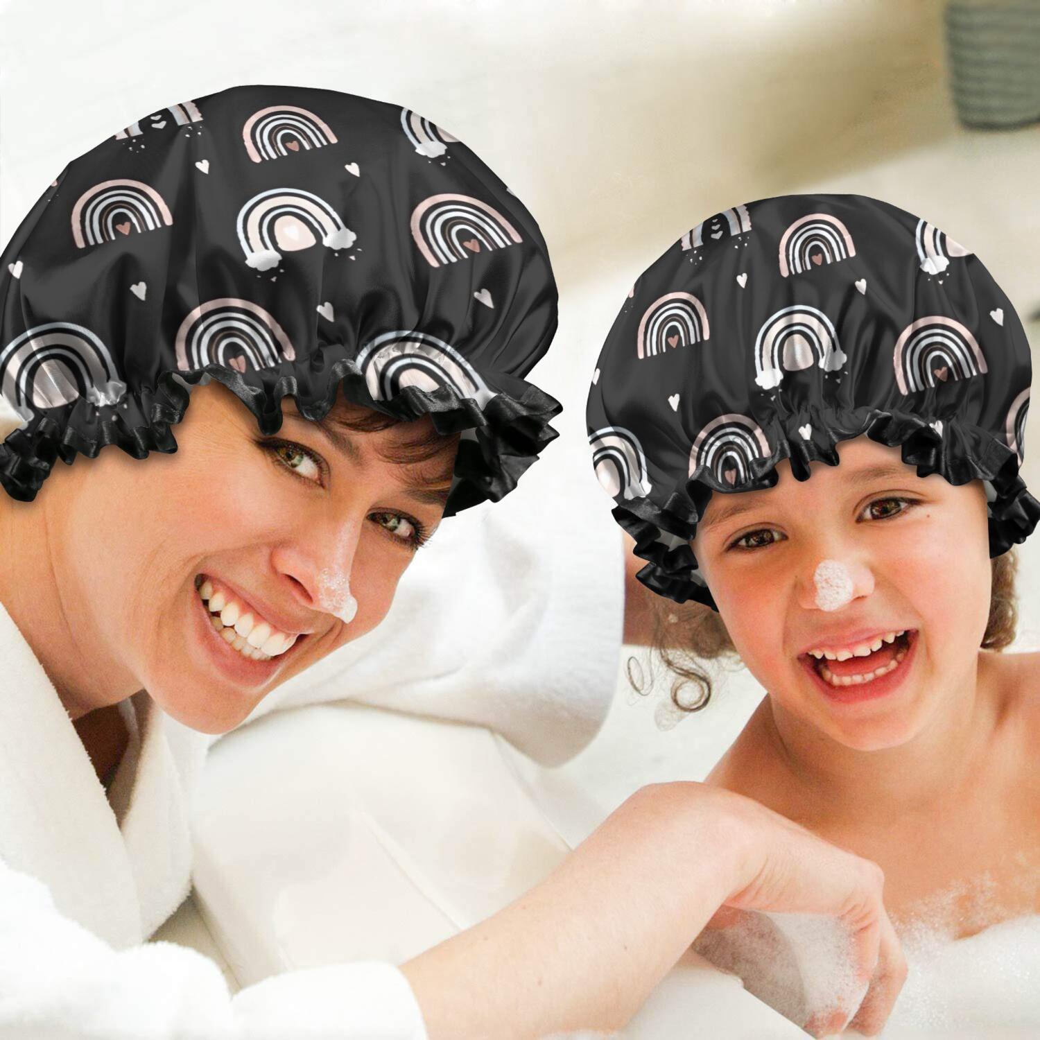 Shower Caps,Black Boho Bohemia Rainbow Hearts Pattern Waterproof Shower Cap for Women 4 Pieces,Double Reusable Hair Cover for Shower PEVA Elastic Stretch Hem