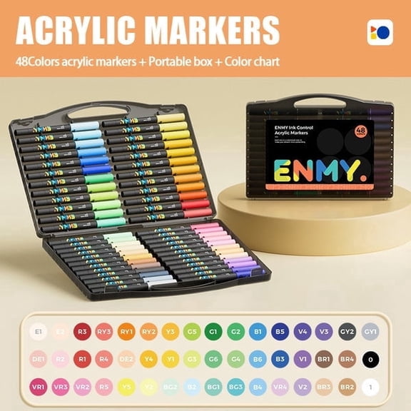 ENMY 48 Colors Brush Tip Direct Liquid Acrylic Markers, Water-Based for DIY Craft & Multi-Surface Painting