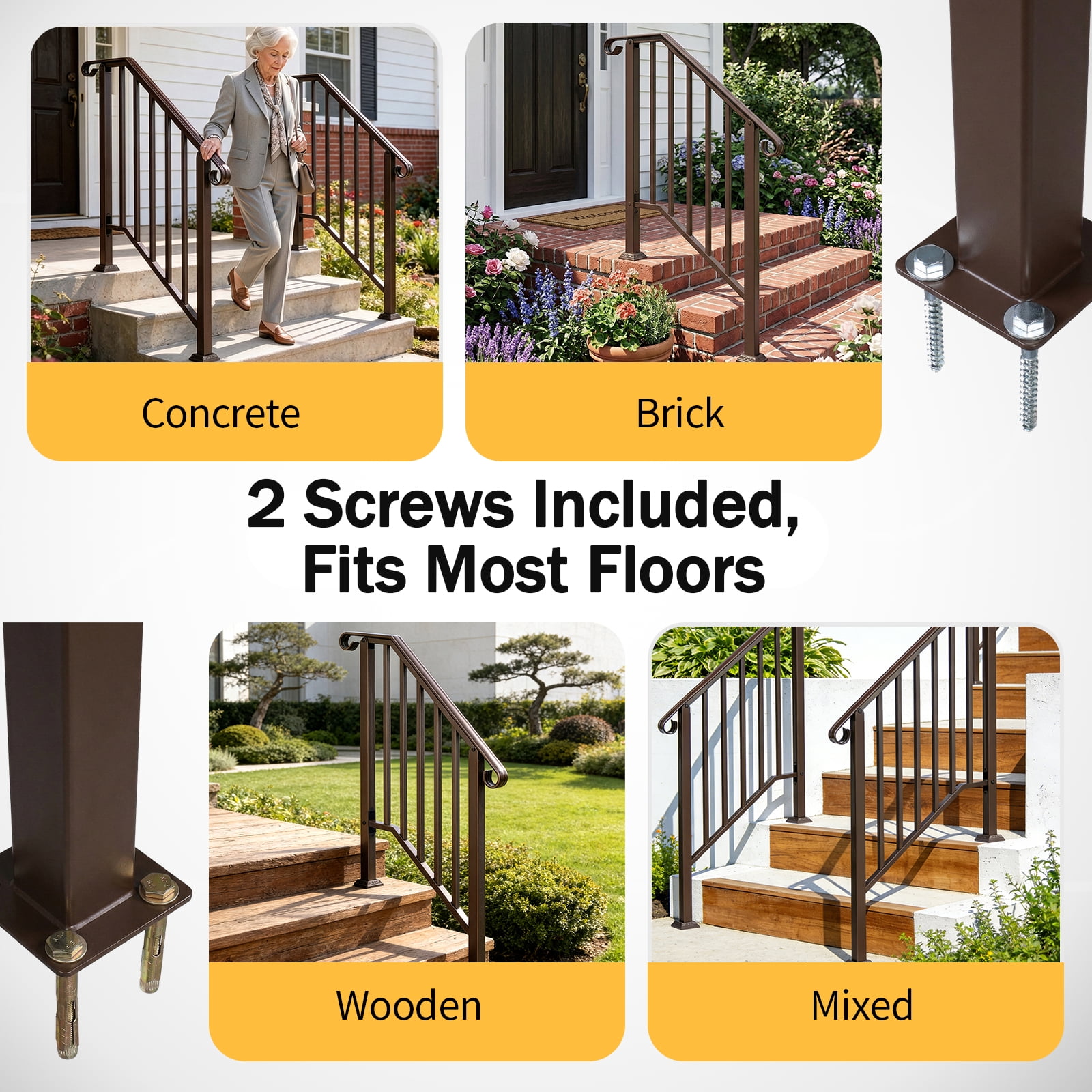Copper Galvanized Iron Stair Handrail Curved Step Railing Fit 2-3 Steps Outdoor Garden Steps Rust Resistant Powder Coated Safety Picket Rail With Mounting Hardware