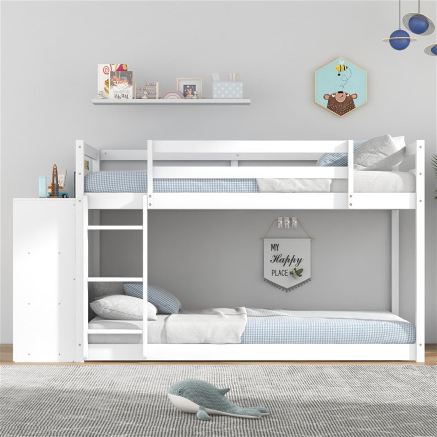 Demi Bonn Twin Over Twin Bunk Bed with Convertible Bookcase and Safety Guardrails, Twin Bunk Beds, Space-saving Solid Wood Bed Frame, White