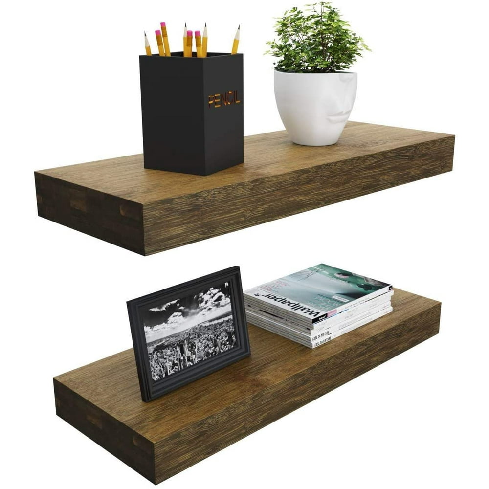 BAMFOX Floating Wall Shelf Set of 2, Natural Bamboo Wall Décor Storage