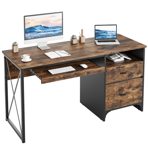Bestier 55 inch Computer Desk with Drawers Keyboard Tray Home Office Desk