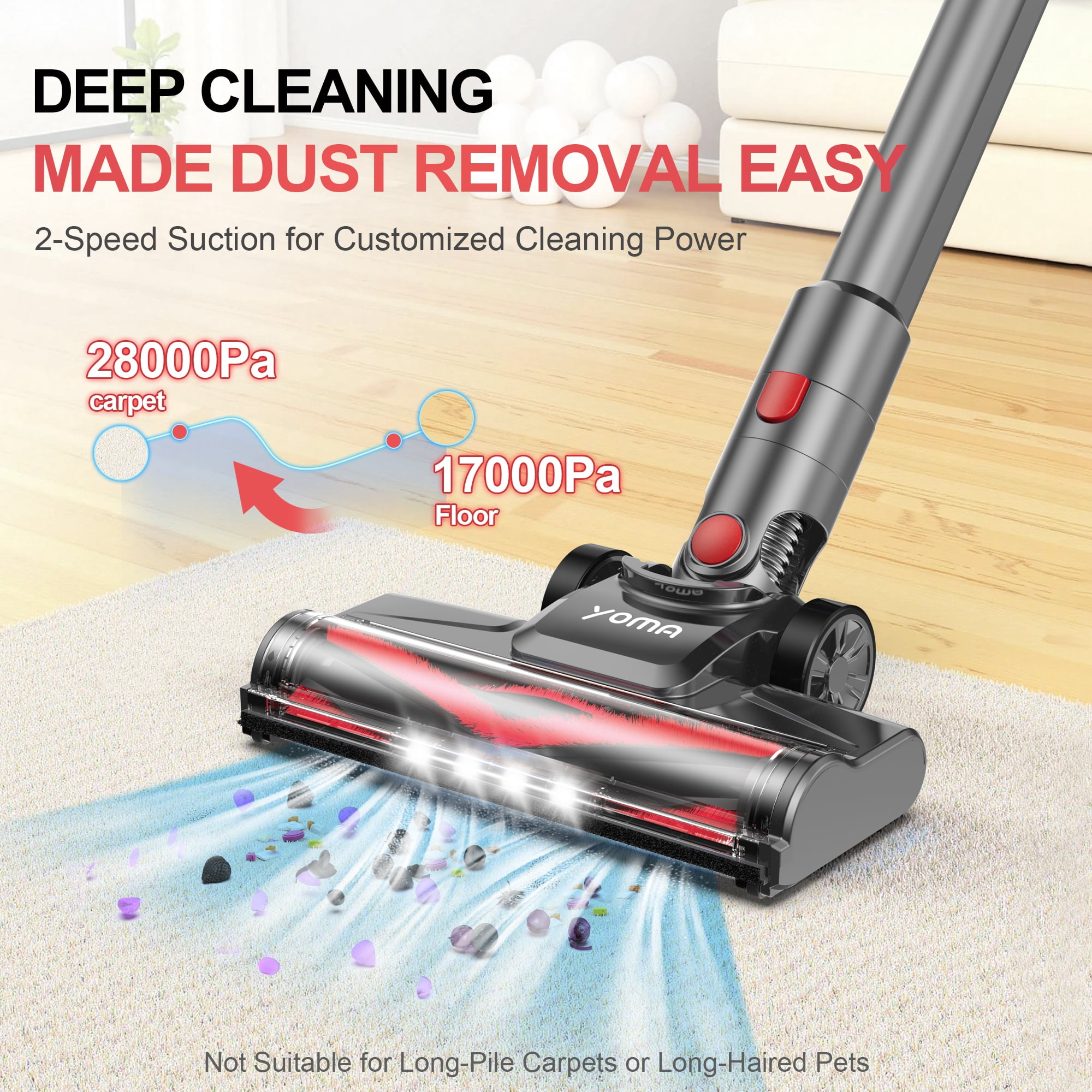 YOMA S18 Cordless Vacuum Cleaner, 6 in 1 Lightweight Stick Vacuum with Detachable Battery, 26Kpa Powerful Suction Vacuum Cleaner for Home Carpet Hardfloor Pet Hair