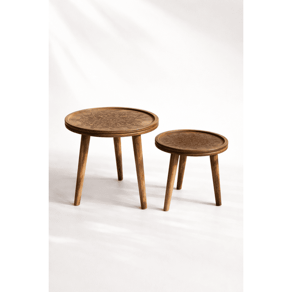 Handcrafted Mango Wood Round Shape Engraved design Table Foldable 3 Legs table For Sofa Side Bed Side Farmhouse Study room Decor Table Set of 2 12 x 14 inch