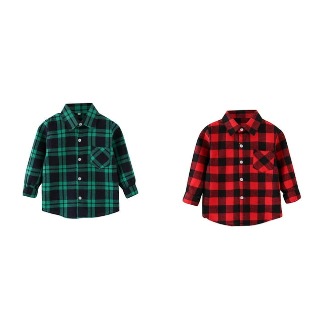 Lot de 2 (Rouge 1 Pcs et Vert 1 Pcs) Multipack Chemises d'Automne à Manches Longues Veste en Flanelle à Carreaux à Manches Longues Col à Revers Chemise-Veste Boutonnée Chemise Haut Manteau Vêtement d'Extérieur