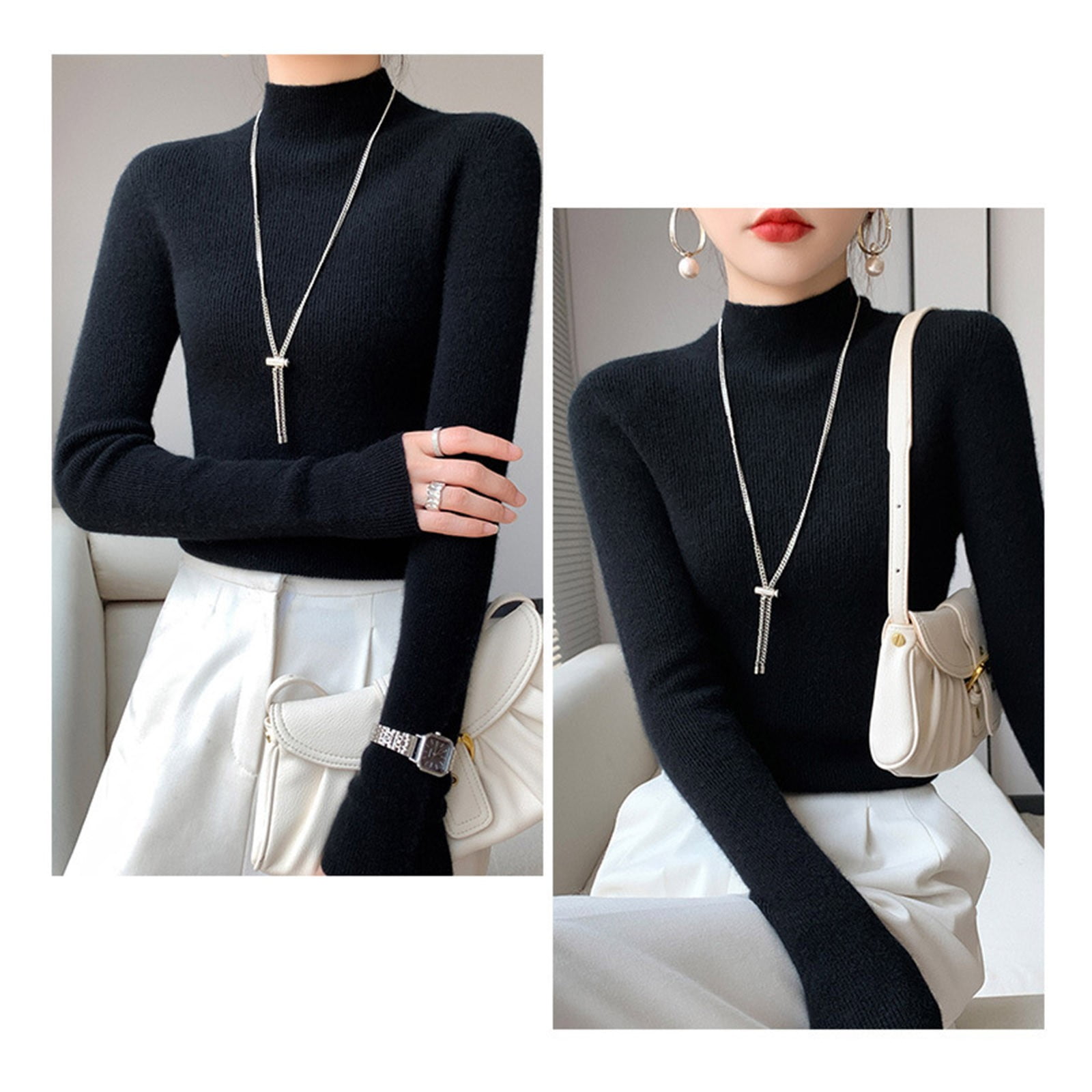 TRUBKH Womens Sweaters Scoop Neck Long Lantern Sleeve Oversized Sweaters for Women Tunic Tops Blouse Plus Size Seamless Knit Cotton Blend Fall Sweaters for Women Womens Tops Black S