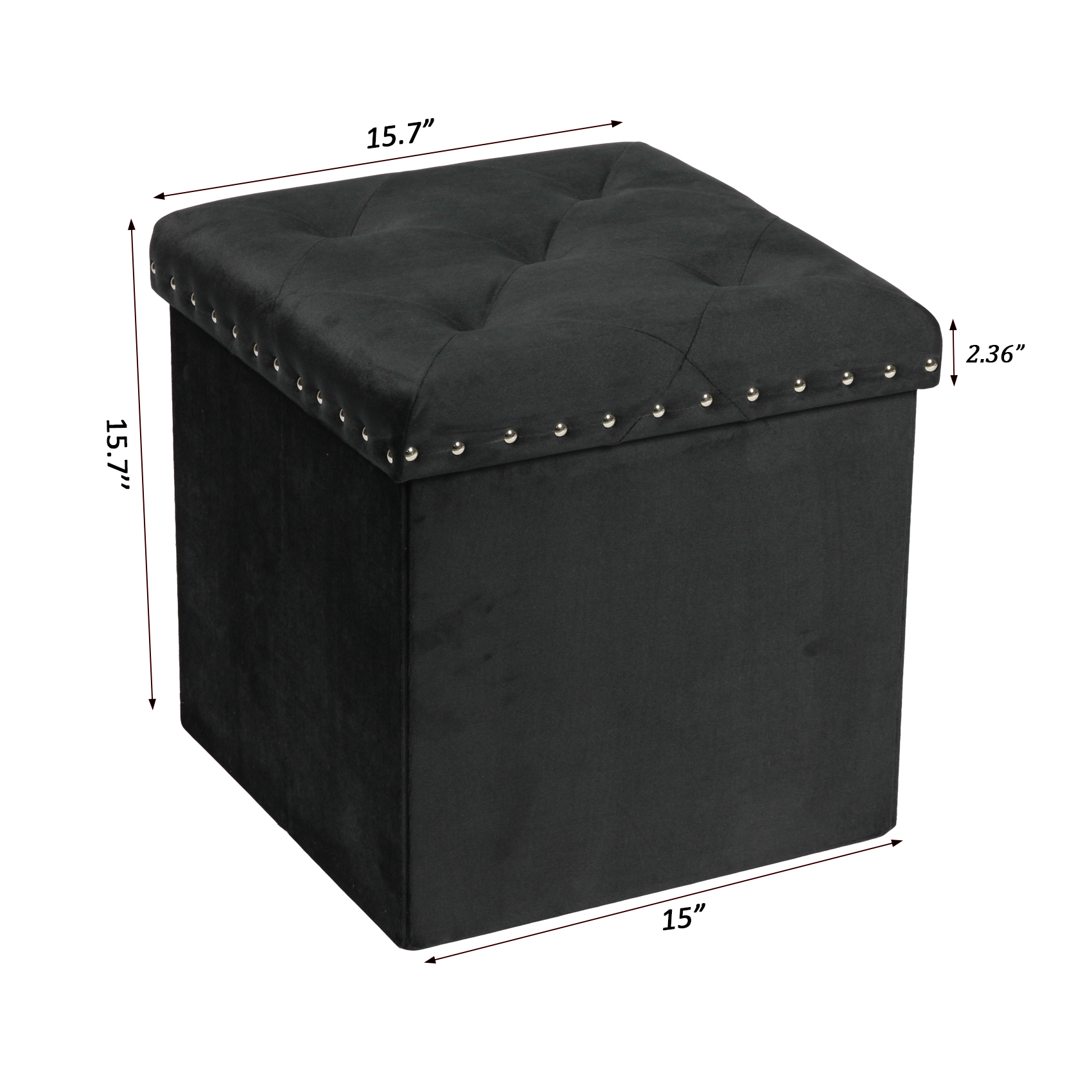 PINPLUS 15.7" Black Velvet Folding Storage Ottoman Cube, Small Foot Rest Stool, Window Seat for Living Room, Toy Chest Box with Rivet Tray - image 3 of 8