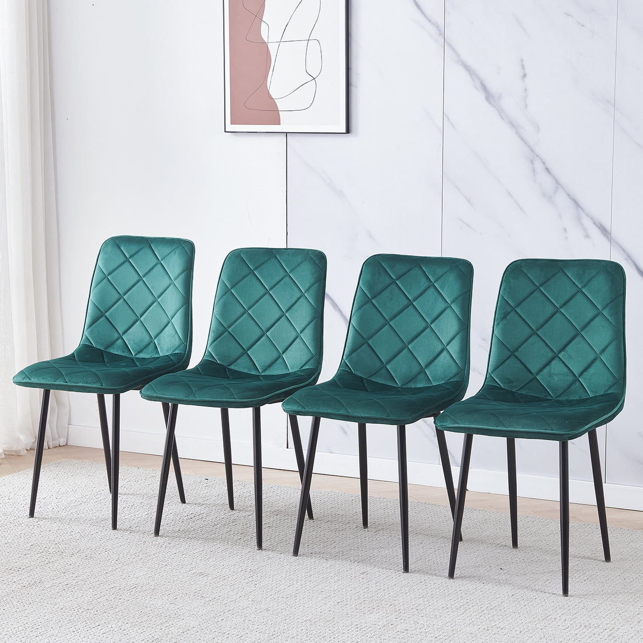 Set of 4 Modern Dining Room Chairs Velvet Fabric Upholstered Kitchen Chair Armless with Black
