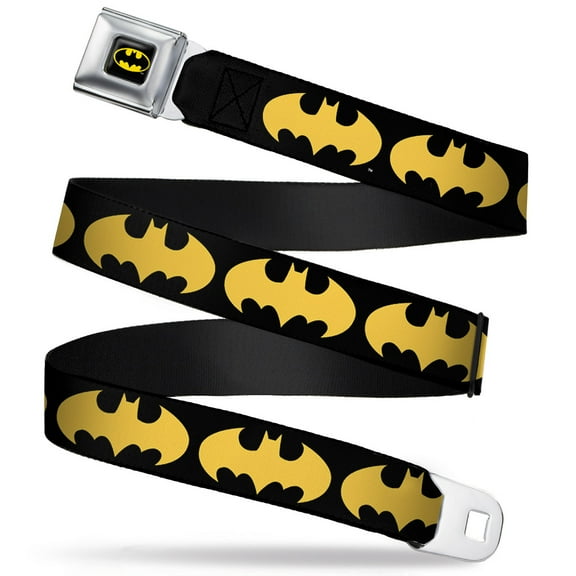 DC Comics Belt, Seatbelt Buckle Belt, Bat Signal Black Yellow, 30 to 44 Inches