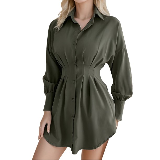 Falda camisera asimétrica con manga informal para mujer: vestido ligero para todas las estaciones, versátil para la oficina o una fiesta, estilo informal y moderno.