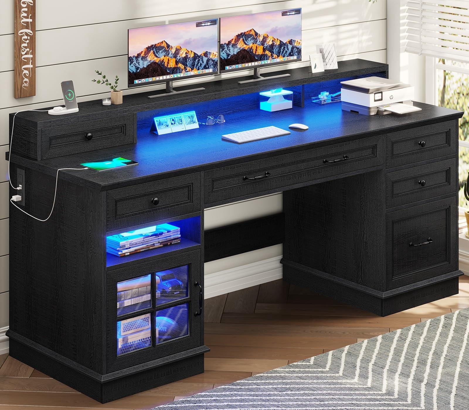 Plonmago Computer Desk with Charging Station & LED Lights, Black Executive Desk with File Drawer, Home Office Desk with Drawers & Storage Cabinet, Executive Office Desk with Monitor Stand