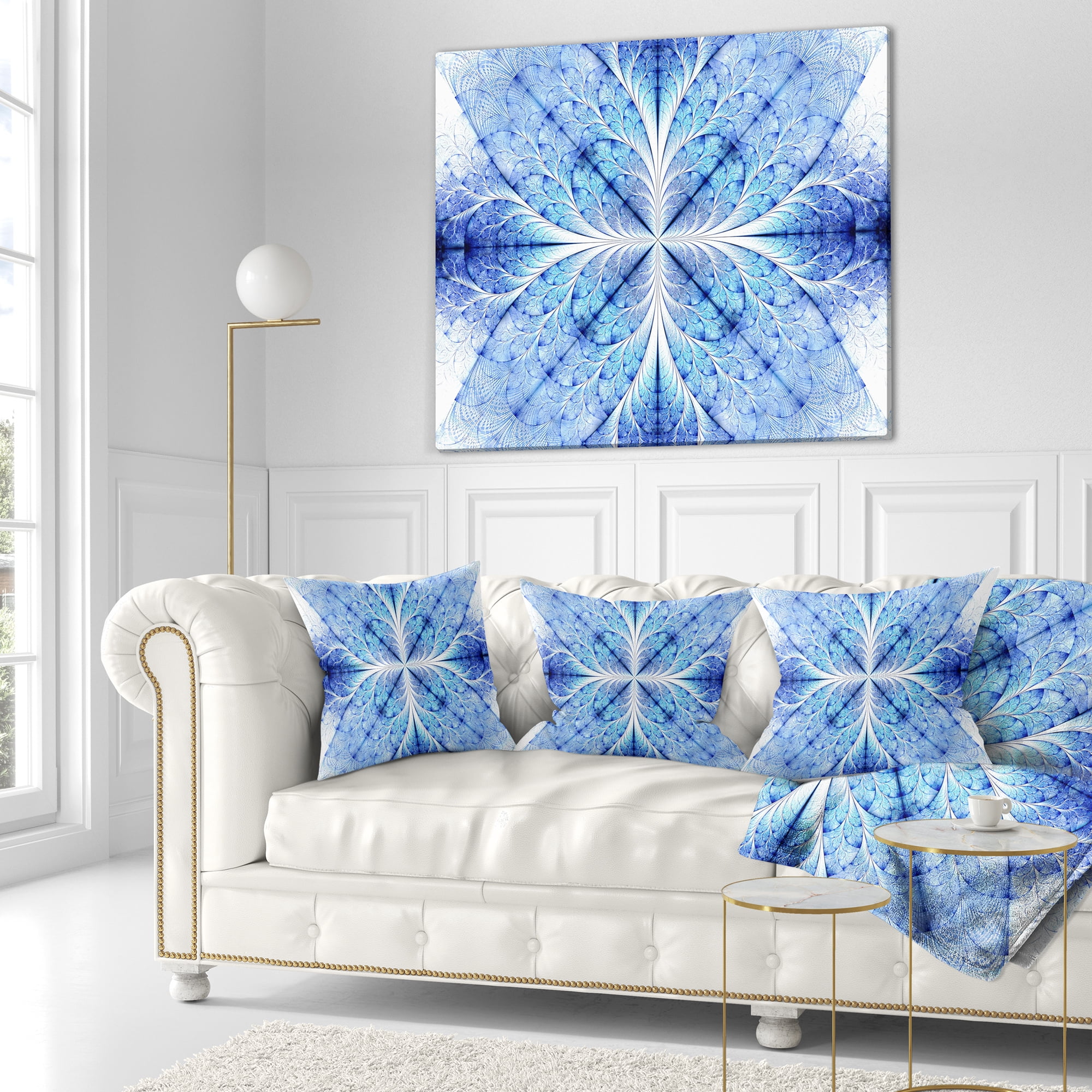 Designart Symmetrical Light Blue Pattern - Floral Throw Pillow - 16x16