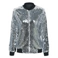 thumbnail image 3 of Moda mujer lentejuelas abrigo chaqueta de bombardero de manga larga con cremallera MABOTO Silver/XL, 3 of 7