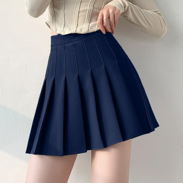 Ploknplq Knife Pleat Skirt for Women Solid Mini Length Pleated Skirts for Women Mini Skirt Navy XL
