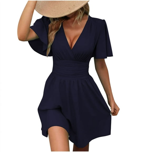 LLYwey Wedding Guest Dresses for Women Summer Casual Short Sleeve V-Neck Beach Sundress Smocked Waist Ruffle Pleated A-Line Evening Party Knee Length Dresses, Sun-22, Dark Blue, XXL