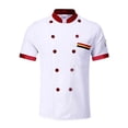 thumbnail image 1 of Uniforme de chef de manga corta, cruzado, para restaurantes y bares, talla L, color blanco y cuello rojo, 1 of 8
