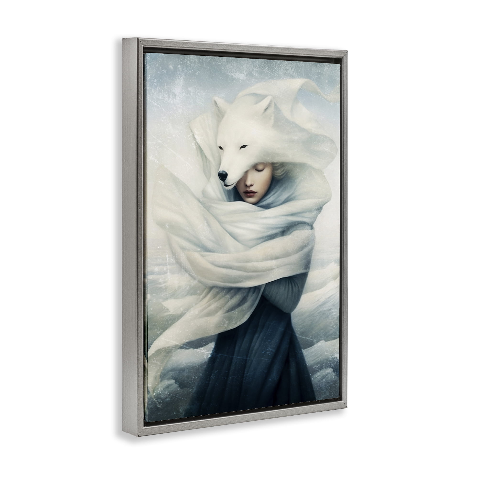 Stupell Industries Wolf Swathed Woman People Painting Gray Floater Framed Canvas Art Print Wall Art, 21 x 31
