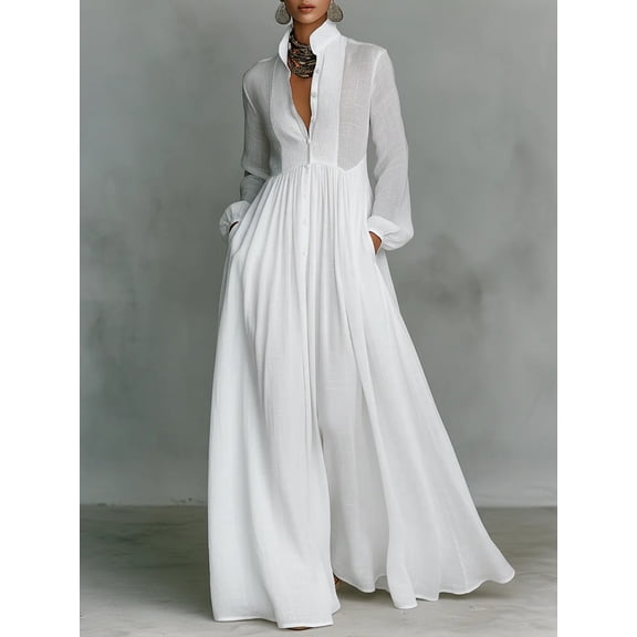 Women’s Solid Color Maxi Shirt Dress Mandarin Collar Long Sleeve French Style Dress with Chest Pleats Elastic Waist Balloon Cuffs and Hidden Pockets