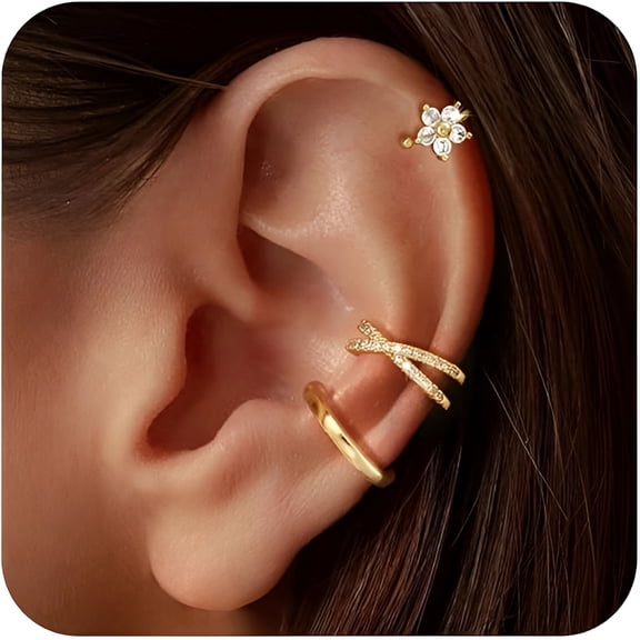 DESIGNICE 3Pcs Ear Cuffs Non Piercing for Women - Trendy 14K Gold Plated Cuffs Earrings with Cubic Zirconia - Dainty Clip On Cartilage Earring Jewelry