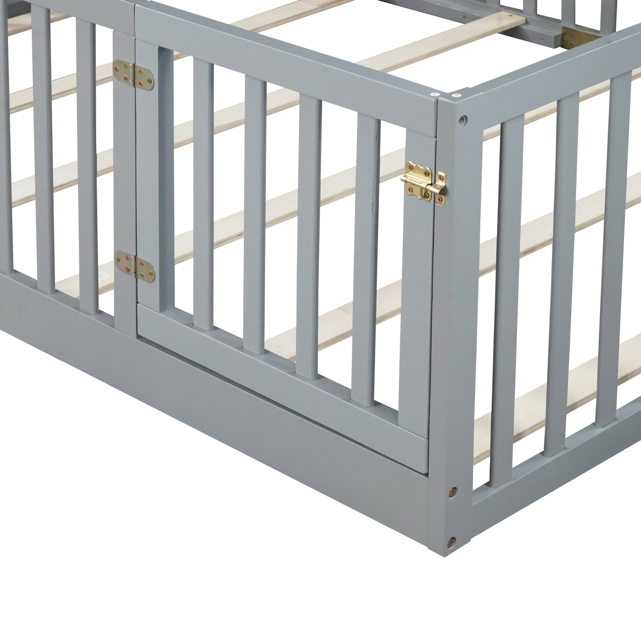 Noble House Nira Full Floor Bed with High Fence and Door, Rubber Wood Montessori Bed Frame, Kids' Room, Gray