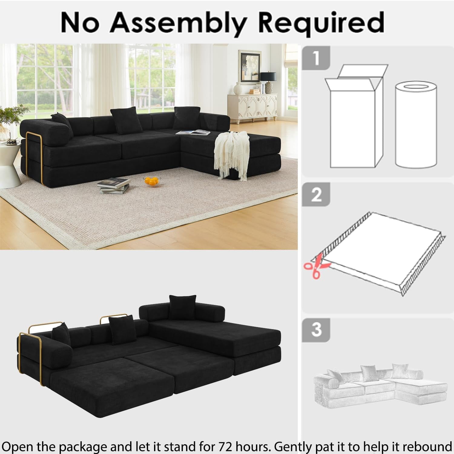 Ywen 108" Modular Sectional Sofa,Futon Convertible Sofa Bed,Oversized Corduroy Boneless Couch for Living Room,Floor Loveseat Sleeper with Pull Out Bed,Free Combination,No Assembly Required (Black)