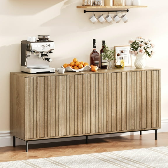 63" Modern Sideboard Buffet Cabinet with 4 Doors & Adjustable Shelves, Fluted Storage Cabinet with Push-to-Open Doors and Metal Base, Large Accent Cabinet for Dining Room, Kitchen or Living Room