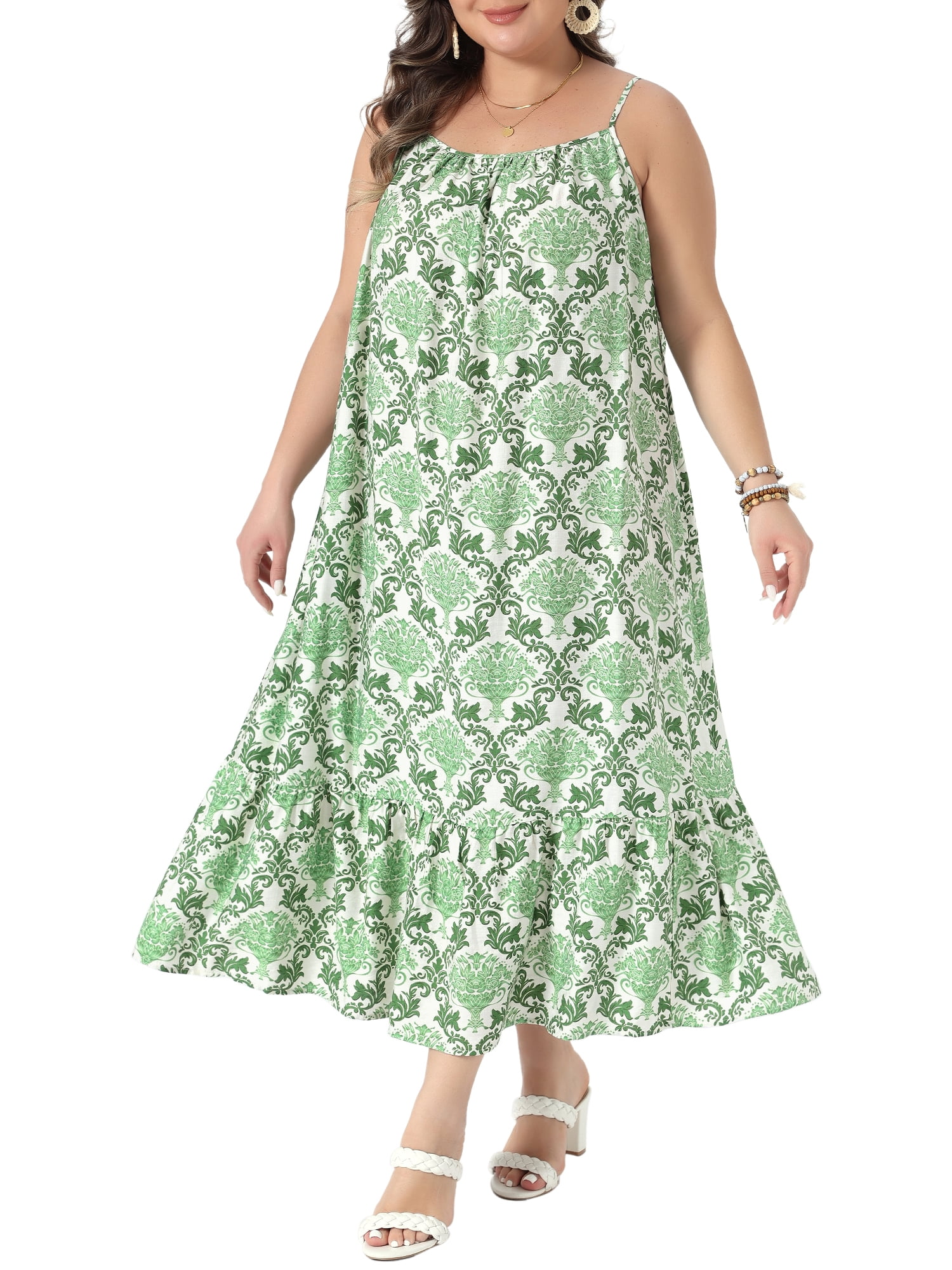 DARING DIVA Women's Plus Summer Spaghetti Strap Boho Print Midi Dress 1X Green