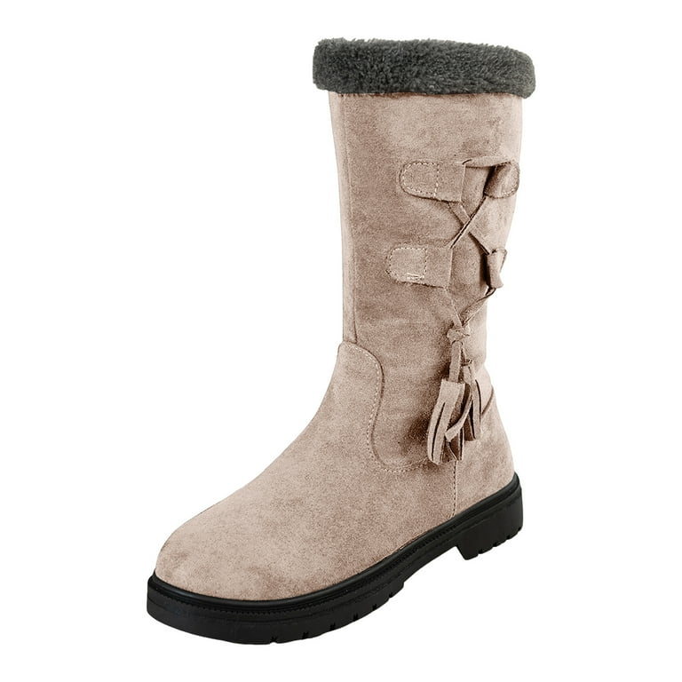 Rokment Womens Mid Calf Winter Snow Boots Fashion Suede Fringe Fleece Lined Warm Fuzzy Wide Calf Tall Dress Boots with Low Heel & Zipper Khaki Size 7,