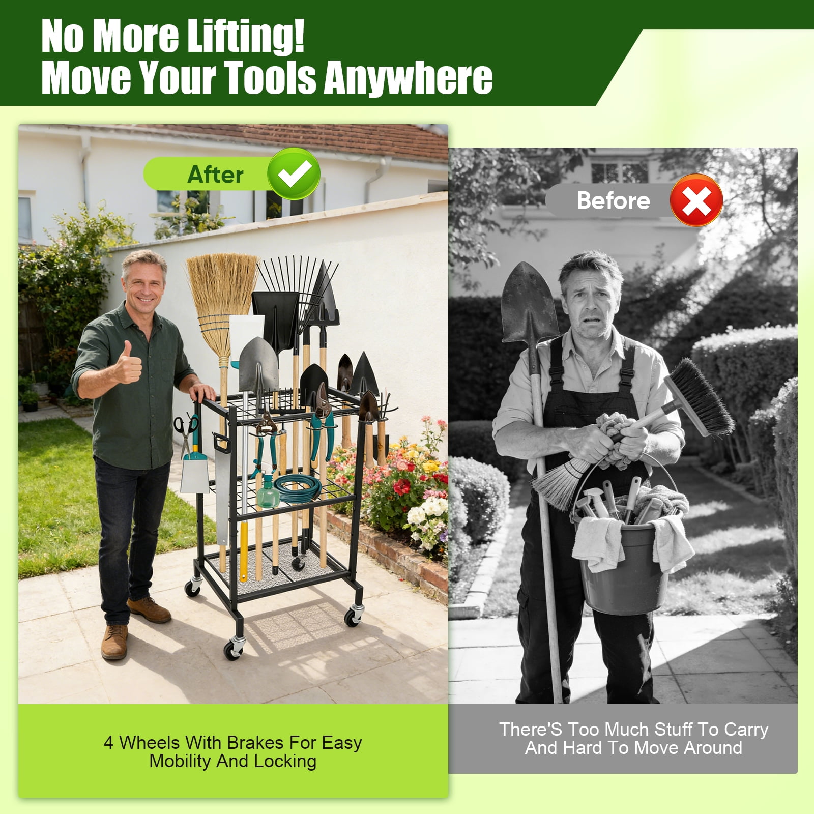 RELOIVE Garden Tool Organizer with Wheels, Metal Yard Tool Rack with Hooks for Garage Storage,Heavy-Duty Storage Holder for Yard Backyard
