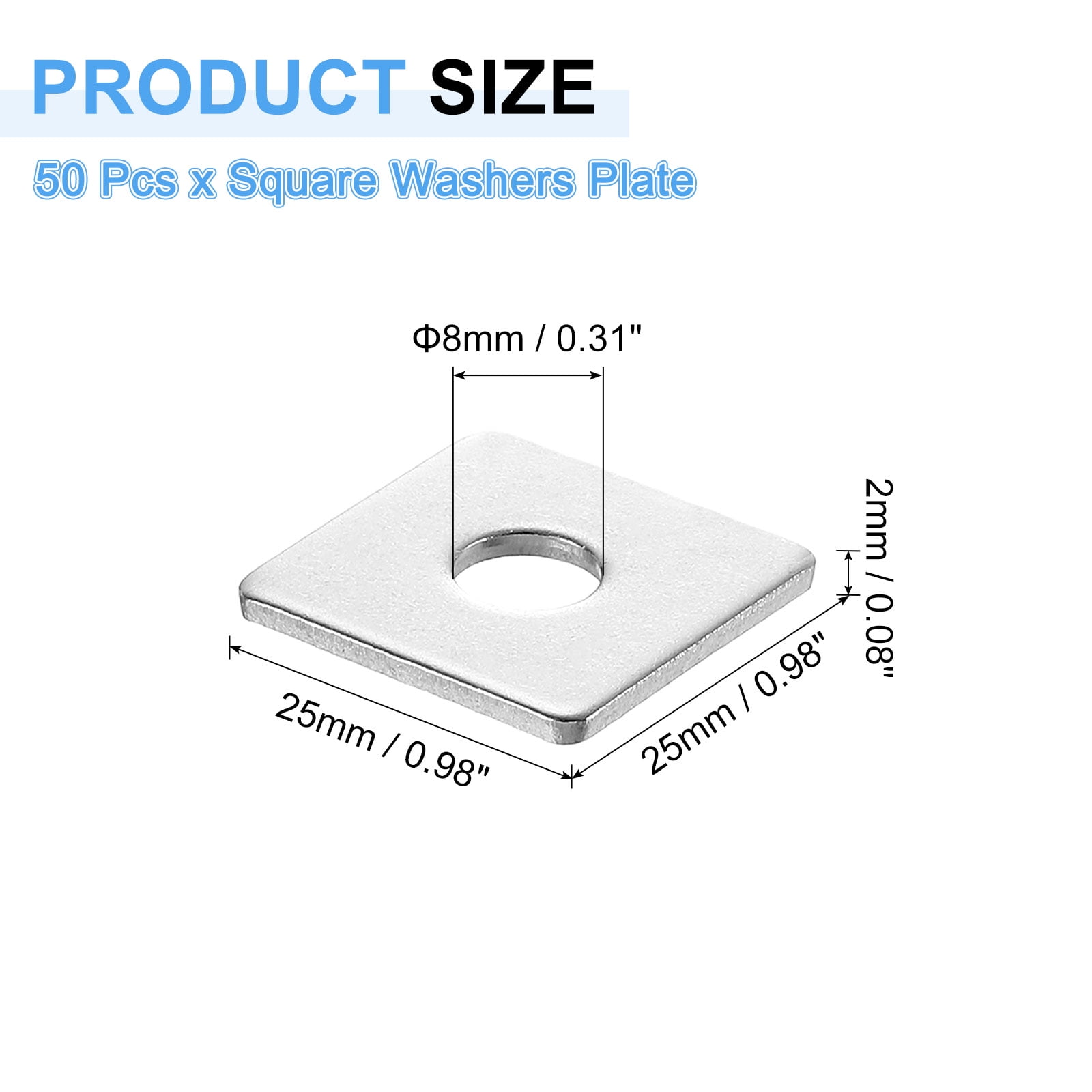 Uxcell 50 Pcs 1" Square Plate Washer for 5/16" Bolt 201 Stainless Steel Flat Bearing Plate 0.08" Thick
