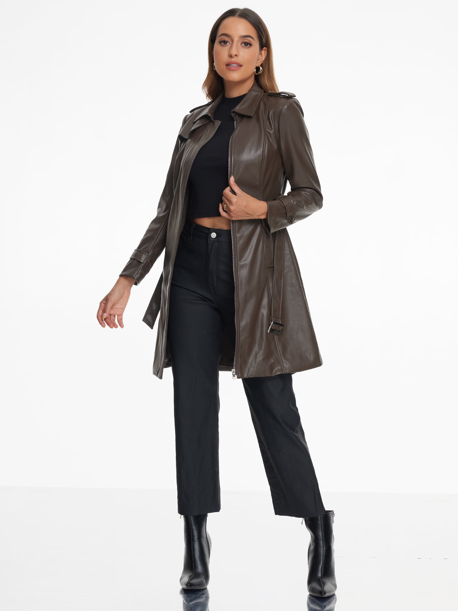 DARING DIVA Women's Lapel Zip Front Faux Leather Long Jacket M Coffee