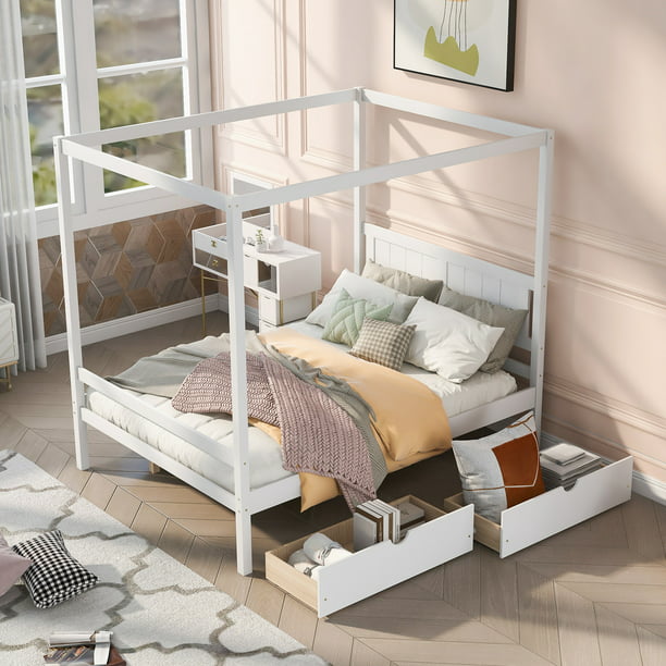 Canopy Bed With Two Storage Drawers, How To Make A 4 Post Bed Frame
