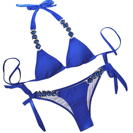 ZQGJB Women s Halter Bikini Swimsuit Two Piece Rhinestone Bikini Set Sexy Boho Thong Bikini Beach Swimwear Bathing Suit(Blue S)