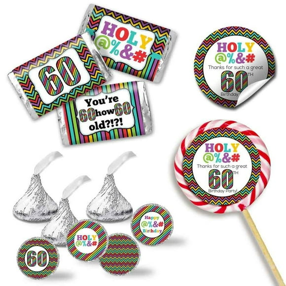 Celebrate 60 Collection d'Autocollants d'Anniversaire - 429 Pcs de Plaisir! Comprend 60 Autocollants Ronds pour Cadeaux, 45 Mini Emballages de Barres de Bonbons, et 324 Autocollants Ronds pour Bonbons Baiser. Parfait pour la Fête!