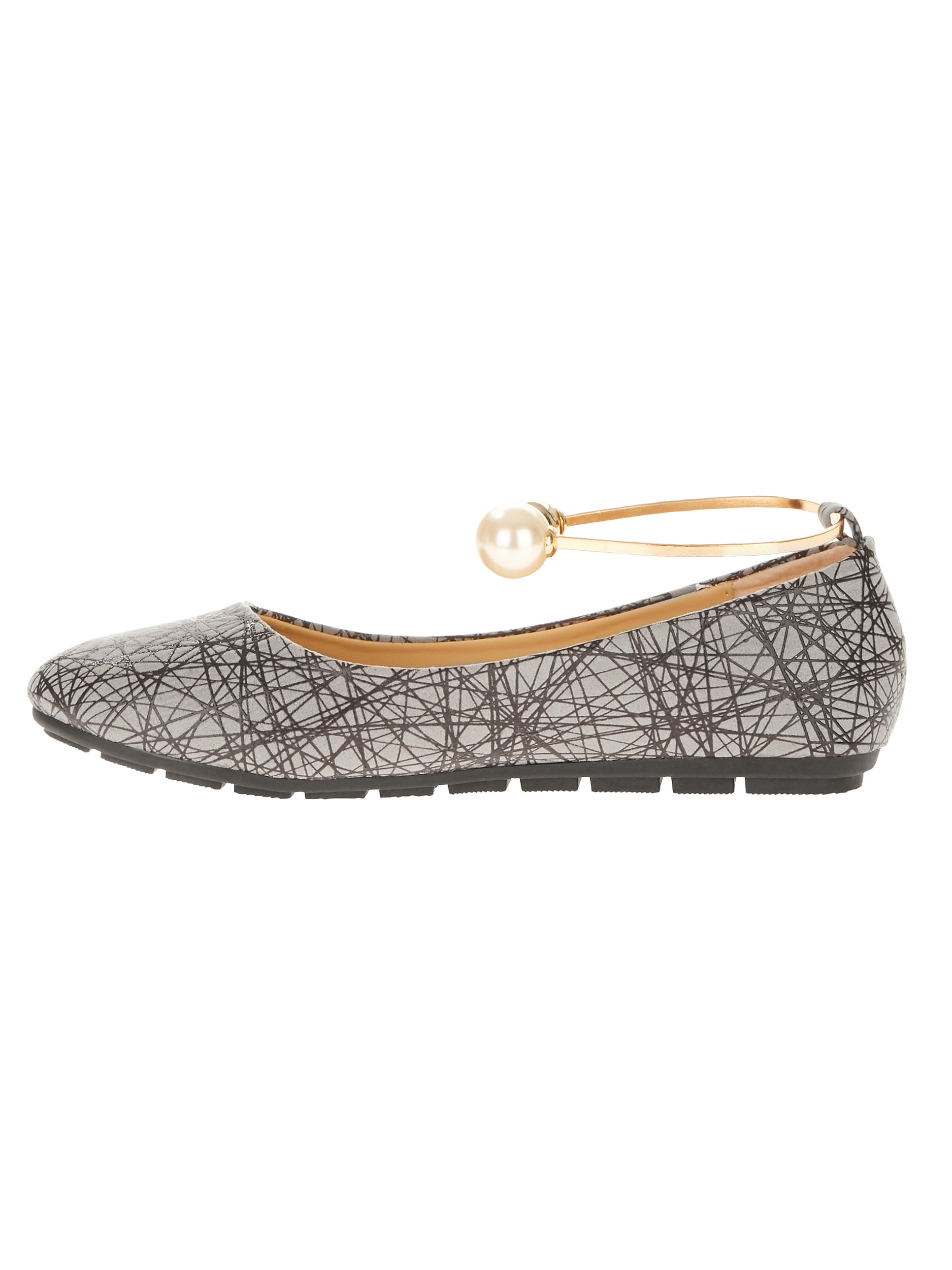 Victoria K Women's Retro Print With Pearl And Gold Ornament Ankle Bracelet Ballet Flats