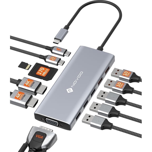 NOVOO 12-in-1 USB-C Docking Station, Dual Monitor Laptop Hub with 2 HDMI, VGA, 10Gbps USB-C/A Data, 100W PD, SD/TF Card Reader for MacBook, Dell, HP, Lenovo, Surface