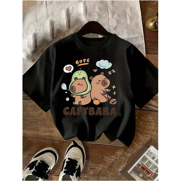 Women'S Casual Summer T-Shirt with Cute Capybara Design - "CUTE" & "CAPYBARA" Print, Round Neck, Short Sleeve, Regular Fit, Knit Fabric, Lightweight & Breathable Casual Wear Capybara Accessories