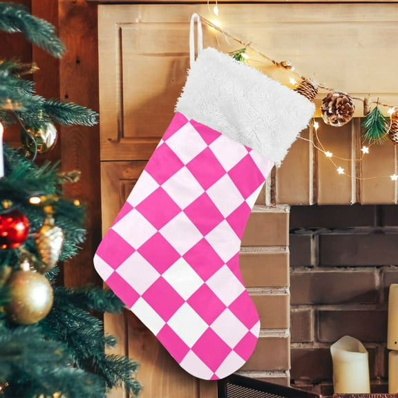RMDQTR Christmas Stockings for Xmas Gifts - Large Size Festive Holiday Decor for Family Hot Pink Checkered Pattern