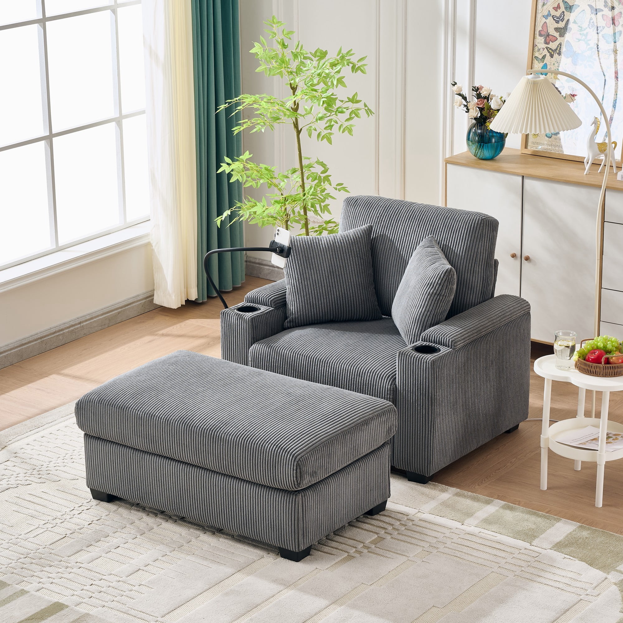 Euroco 55" Oversized Chaise Lounge Chair Indoor with Ottoman and Storage, Comfy Corduroy Sleeper Chair with Cup Holder,Mobile Phone Stand&USB Charging Port
