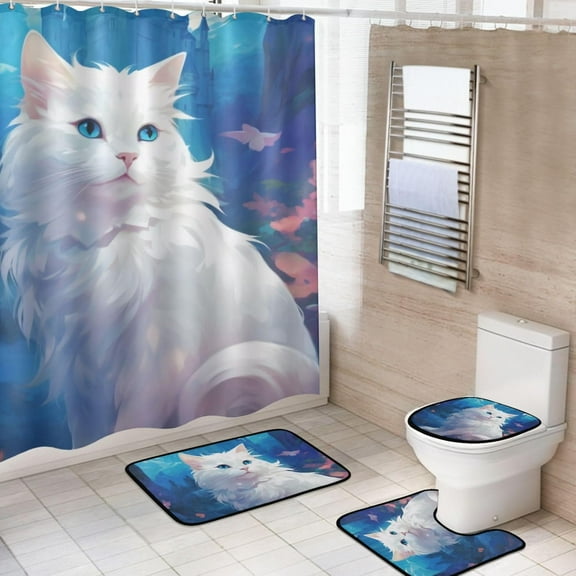 Shower Curtain Set 4 Piece for Bathroom Decoration, Cats and Flowers Bathroom Sets with 1 Fabric Shower Curtain and 3 Non-Slip Bathroom Rugs Accessories with Hooks