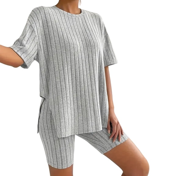 Pajamas for Women Set 2 Piece Ribbed Knit Matching Outfits T Shirt Biker Shorts Sleepwear Sweatsuits Womens Pajama