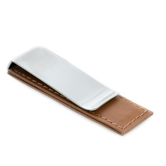 Bey-Berk International BB505W Chrome Plated Money Clip with Leather Accent - Brown
