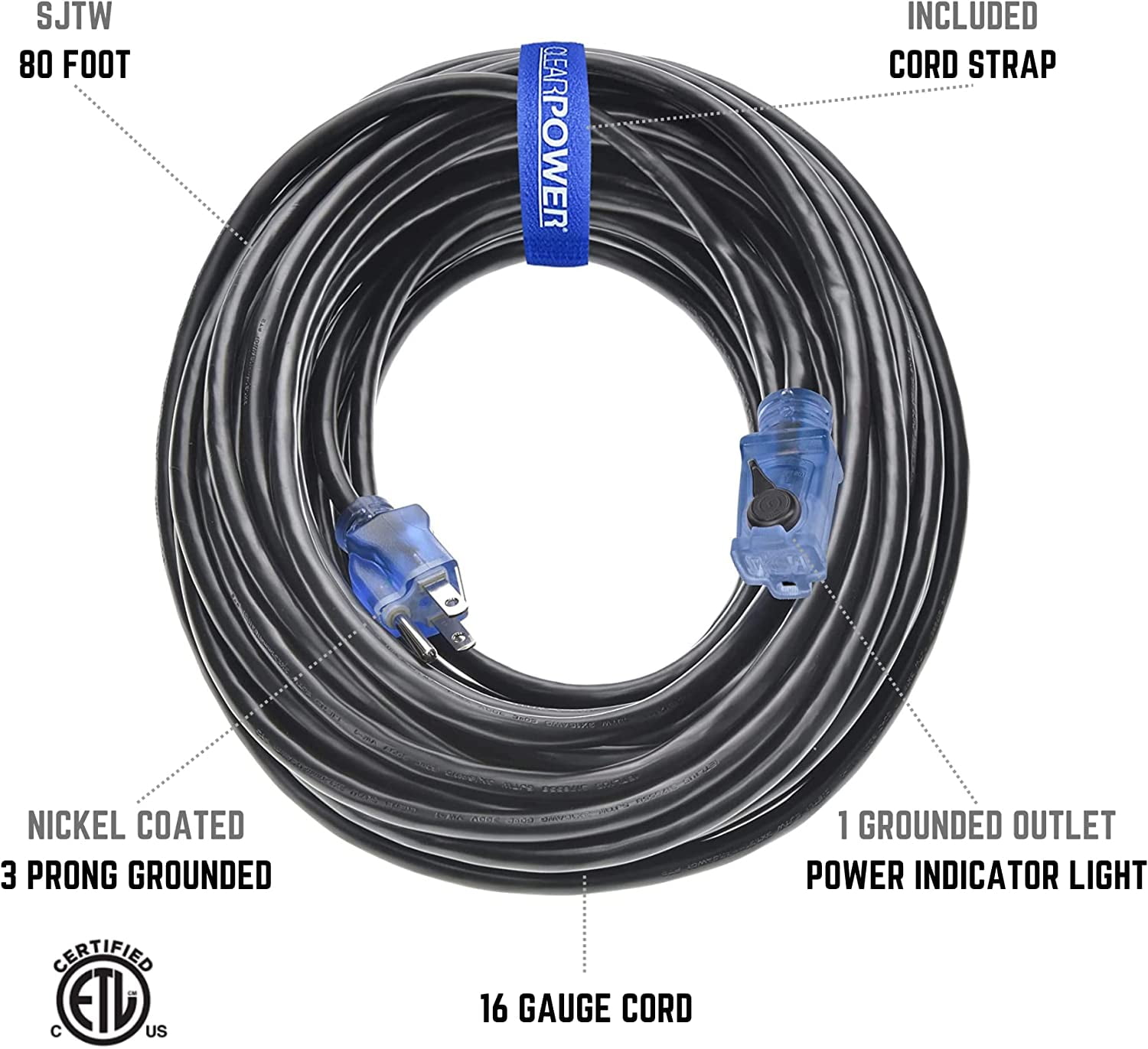 Clear Power 16/3 SJTW 80 ft Outdoor Extension Cord with Lighted Locking Connector, Ideal for Yard Equipment and Light Duty Power Tools CP10128