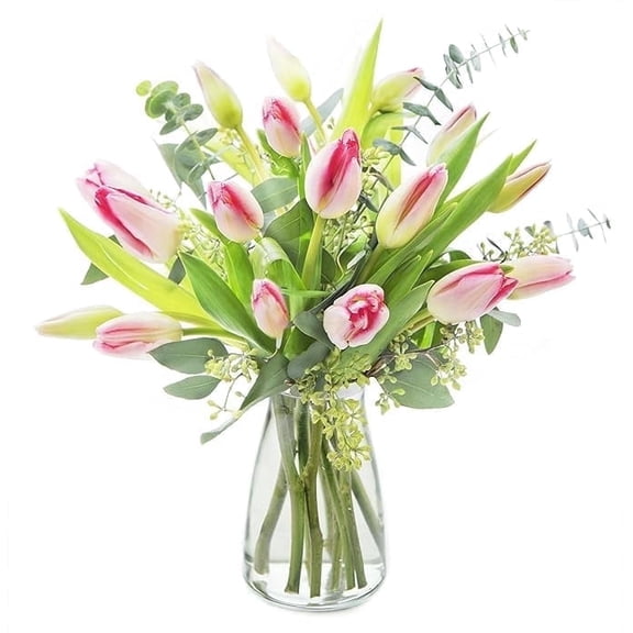 KaBloom :Bouquet of 20 Pink Tulips, 6 greens in vase, Next-Day Delivery, Gift for Every Occasion.